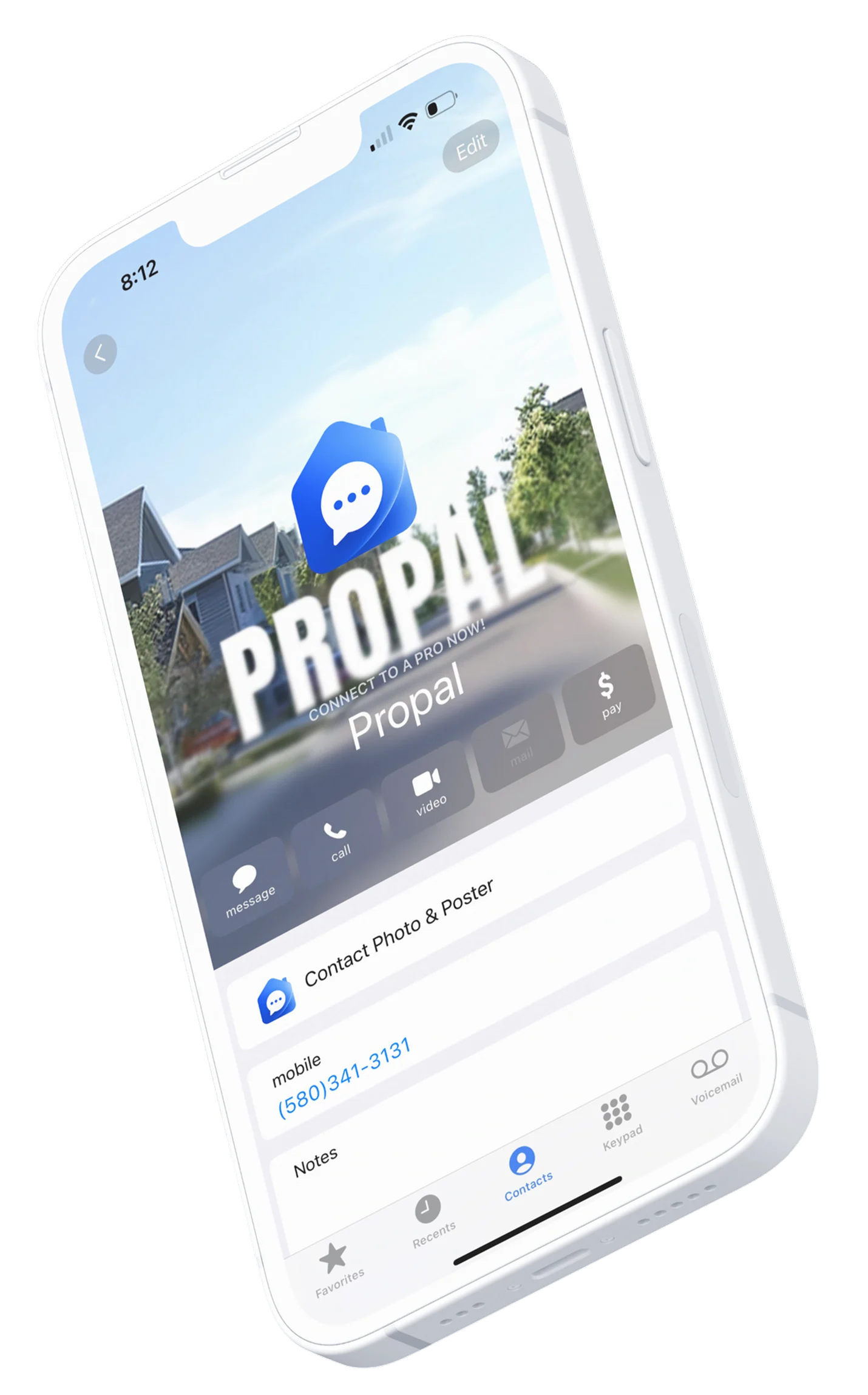 ProPal saved as a contact on an iPhone, with message and call buttons